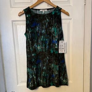 Sympli Sleeveless Abstract Print Shift Dress in Black, Teal & Blue